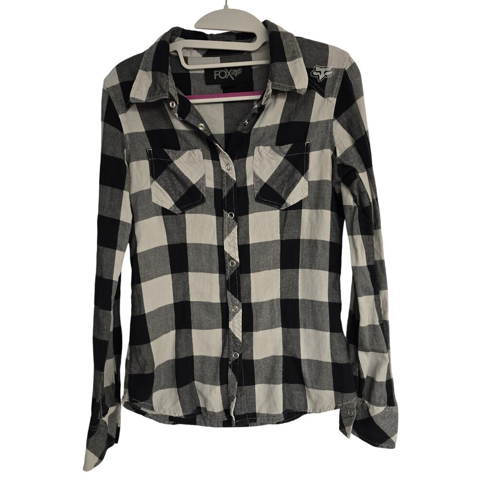 Women's Y2K Fox Black & Gray Flannel Snap Front Long Sleeve Top | Size XS